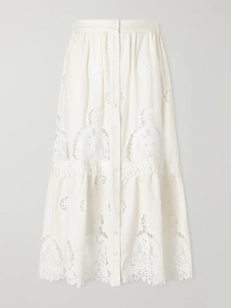 Carolina guipure lace-trimmed cotton-blend maxi skirt