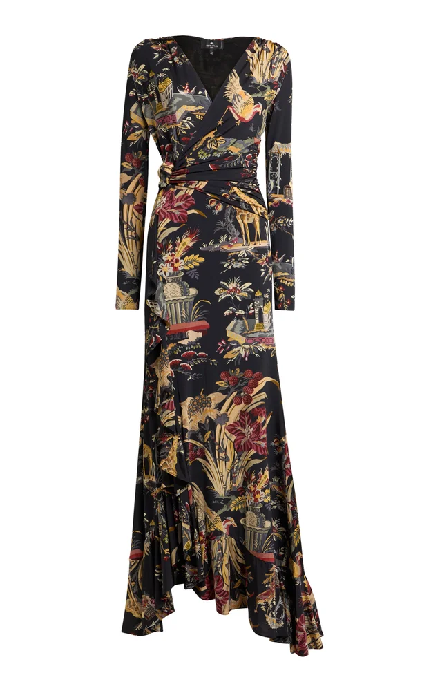 Printed Wrap-Front Maxi Dress