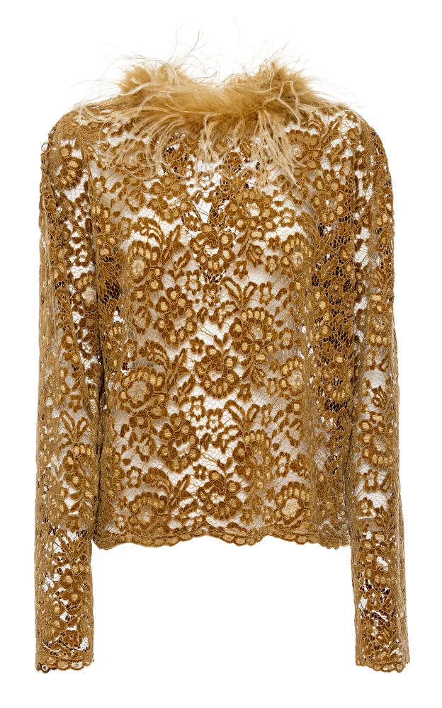 Feather-Trimmed Lace Top