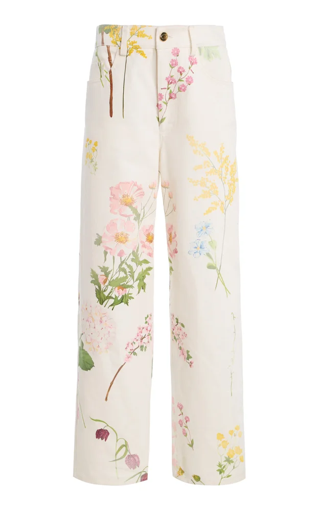Botanical Cotton-Denim Straight-Leg Pants
