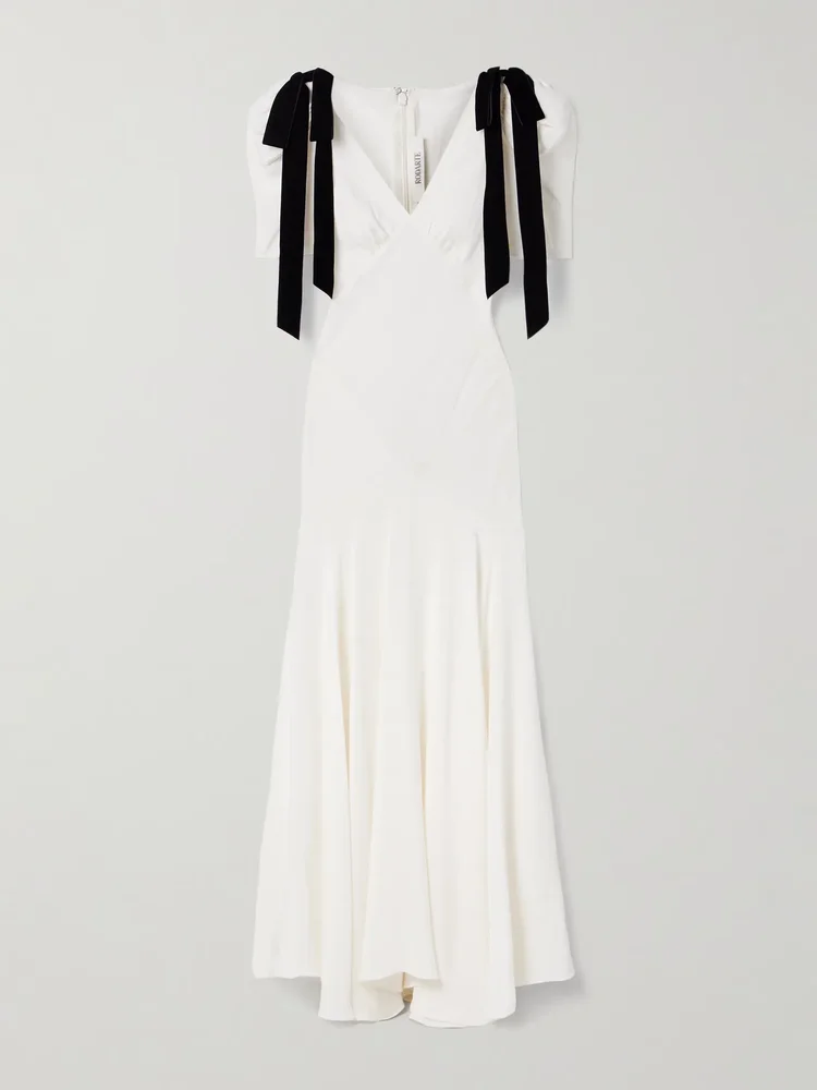 Velvet bow-embellished silk-crepe gown