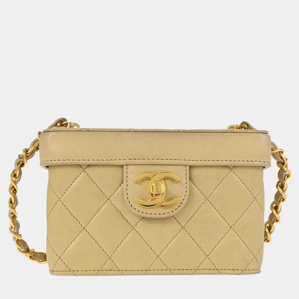Vintage Petite Box Quilted Beige Lambskin Vanity Crossbody Bag