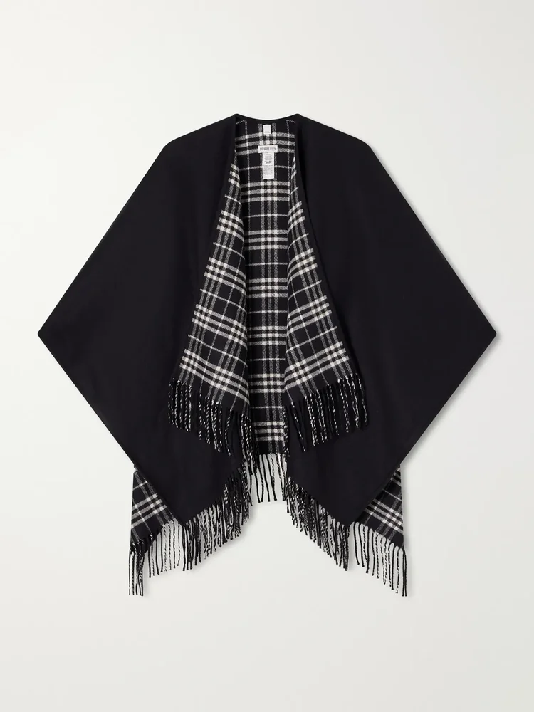 Reversible fringed checked wool cape