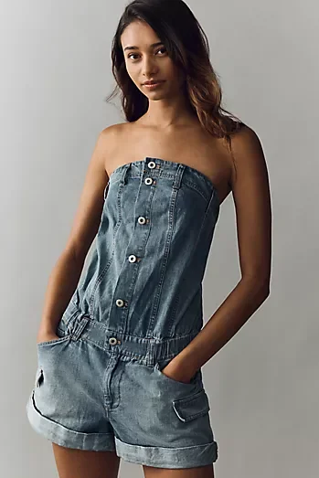 Pilcro Strapless Button-Front Denim Romper