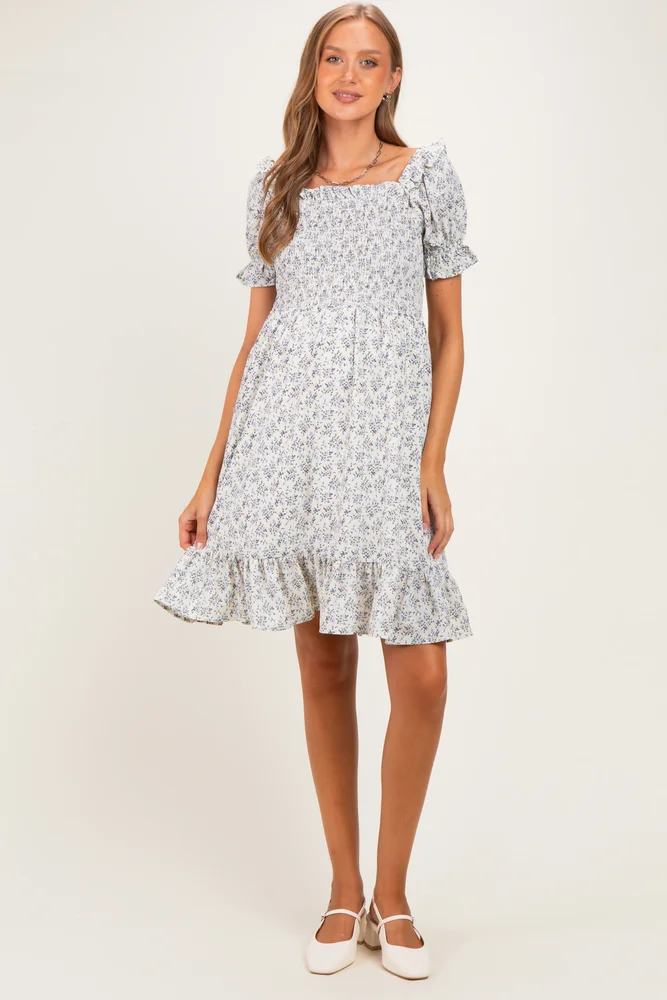 Cream Floral Smocked Puff Sleeve Maternity Dress