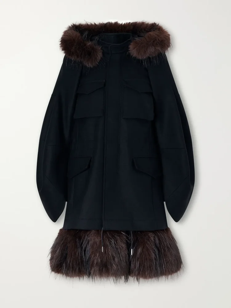 Padded plush-trimmed wool coat