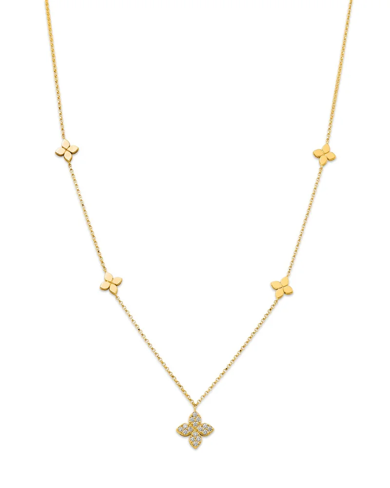 18K Gold Love by the Inch Diamond Flower Station Necklace, 15-17"