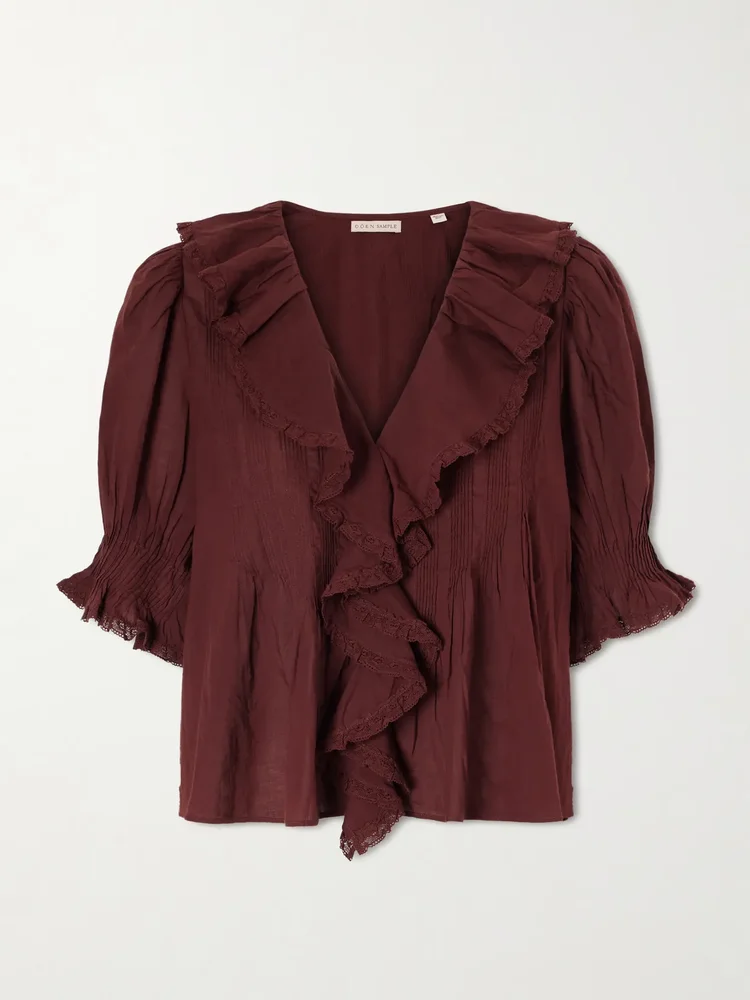 Henri shirred lace-trimmed organic cotton blouse