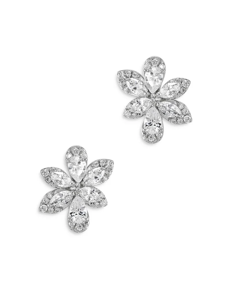 Marquis, Pear & Round Cut Diamond Flower Stud Earrings in 14K White Gold, 1.0 tcw