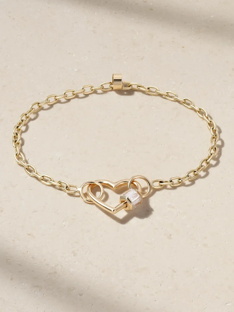 Baguette Baby Heart Lock + Pulley Chain 14-karat gold diamond bracelet