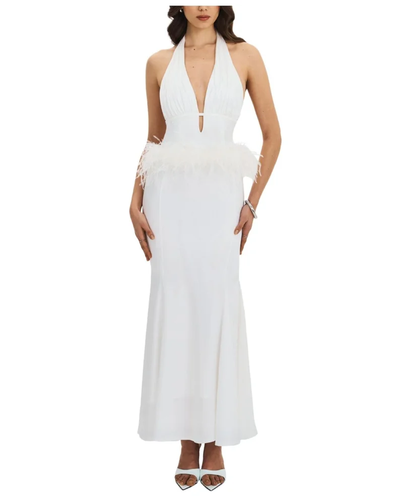 Solene Pleated Halter Backless Feather-Trim Maxi Dress