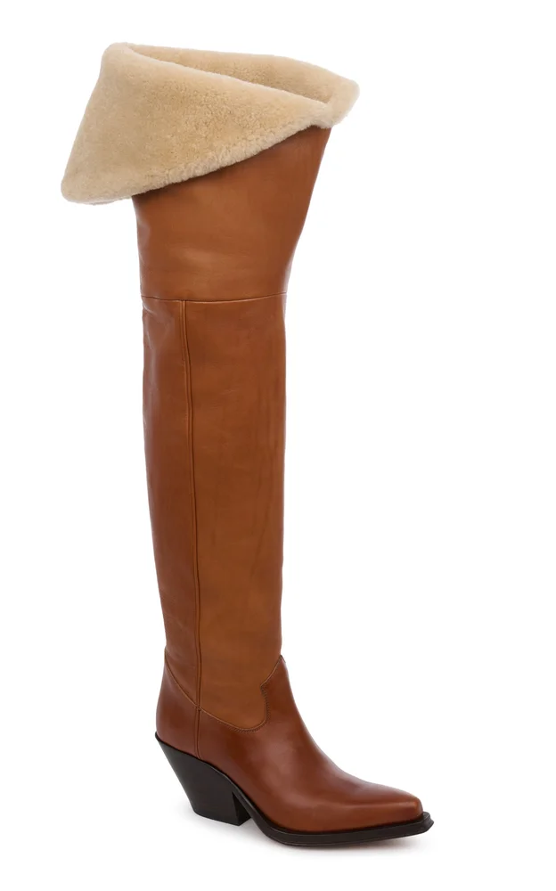 Shearling-Trimmed Leather Boots