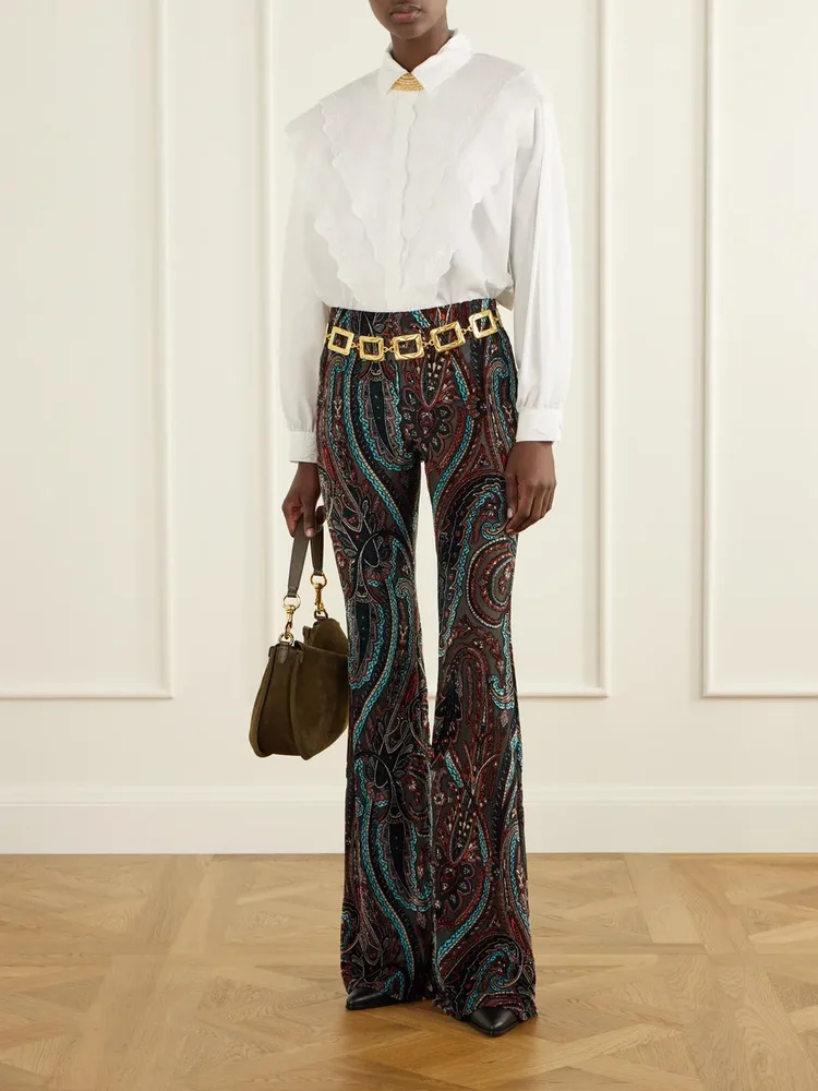 Paisley-appliquéd mesh flared pants