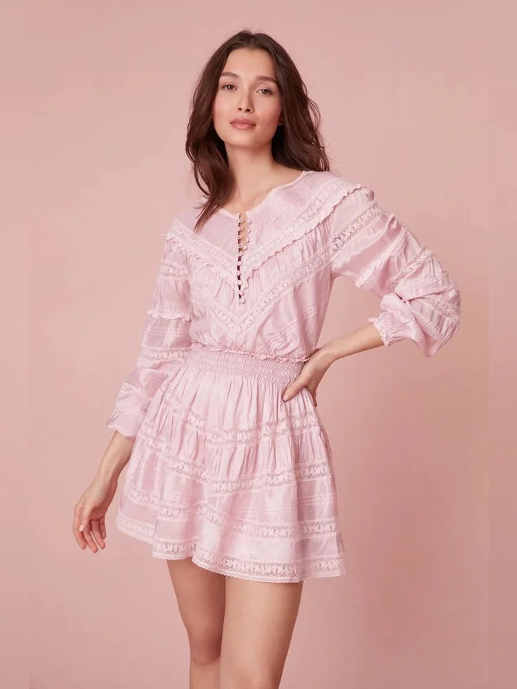 NWT LoveShackFancy Jones Ruffle Victorian Lace Mini Dress Light Lilac Size L