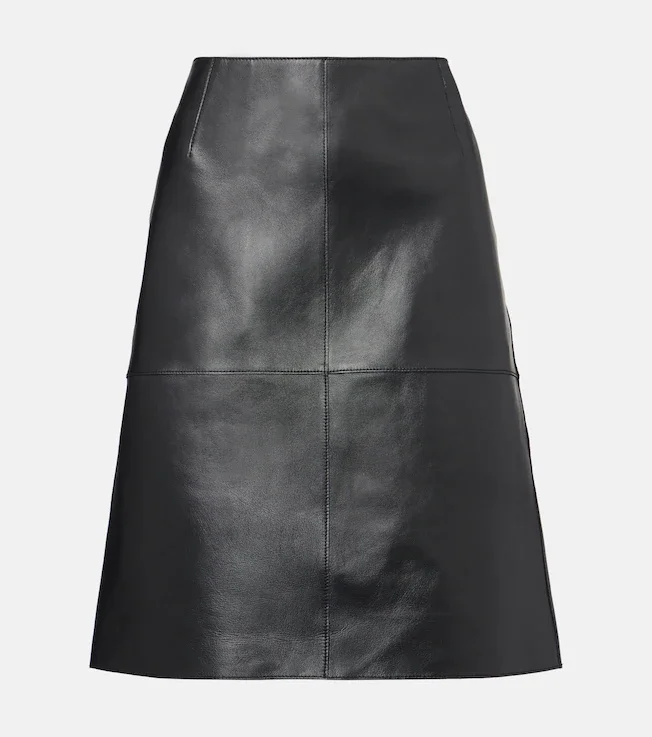 Paneled leather midi skirt