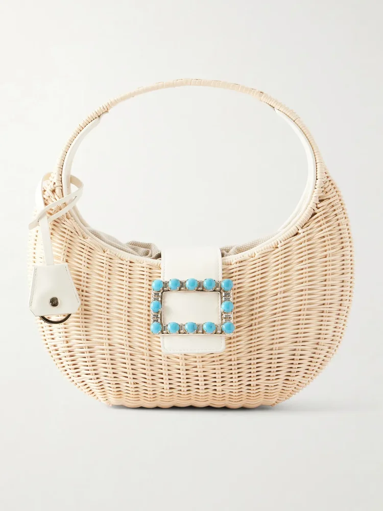 Embellished leather-trimmed raffia shoulder bag