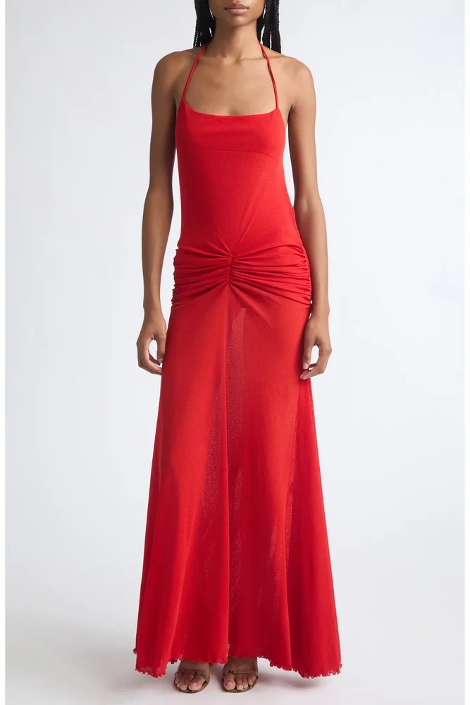 Ruched Mesh Halter Maxi Dress
