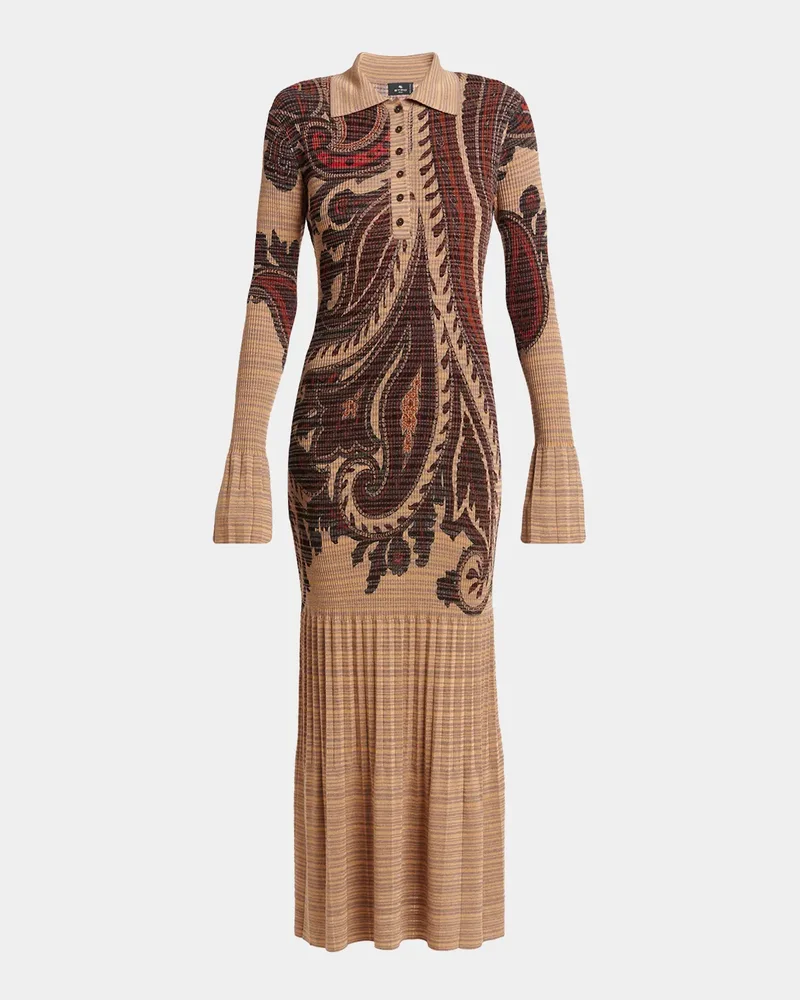 Paisley Stripe Pleated Knit Midi Polo Dress