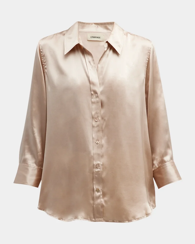 Dani Silk Satin 3/4-Sleeve Button-Down Blouse