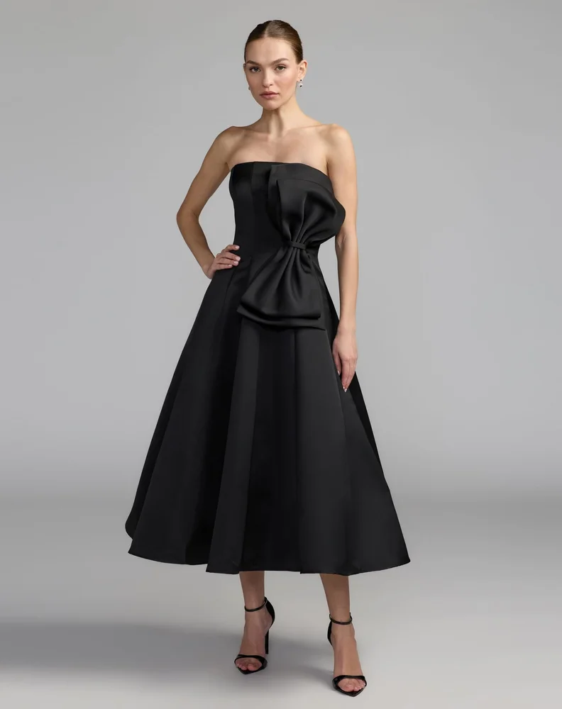 Black Strapless Satin A-Line Midi Dress With Bow