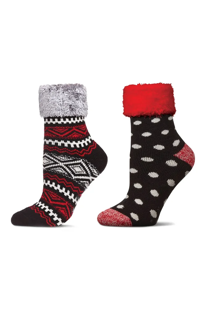 MeMoi Assorted 2-Pack Faux Fur Trim Nonslip Crew Socks
