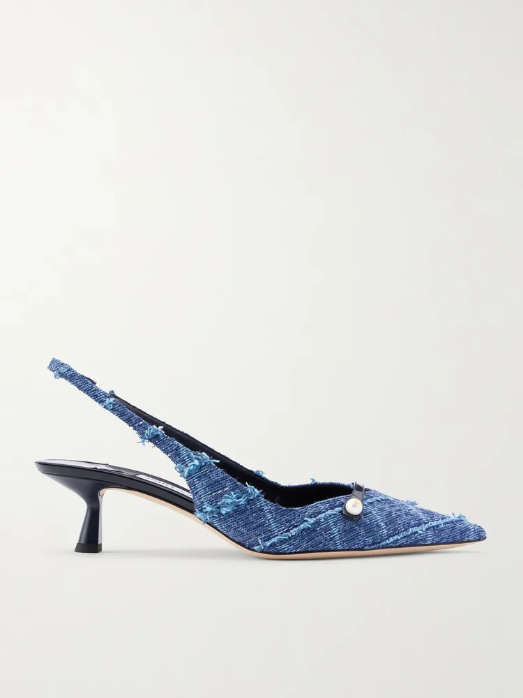 Amita 45 leather-trimmed frayed denim slingback pumps