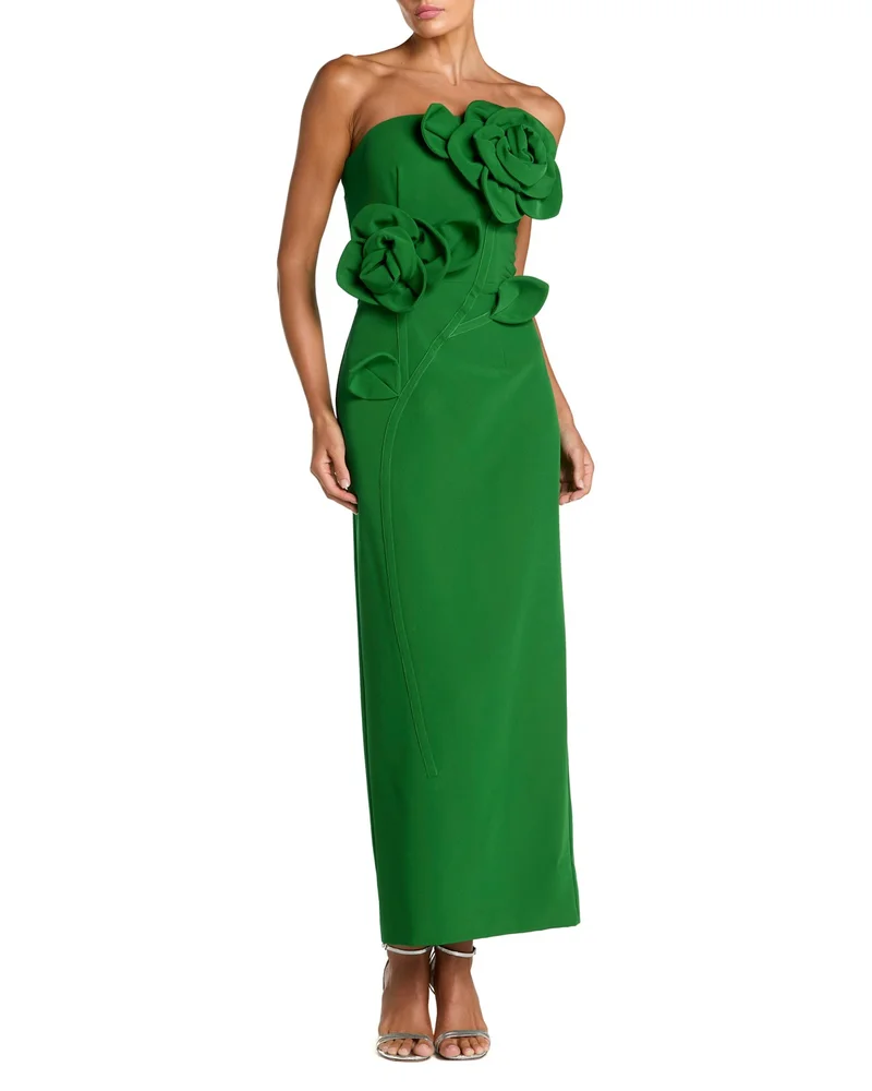 Crepe Strapless Midi Dress with 3D Flower Detail