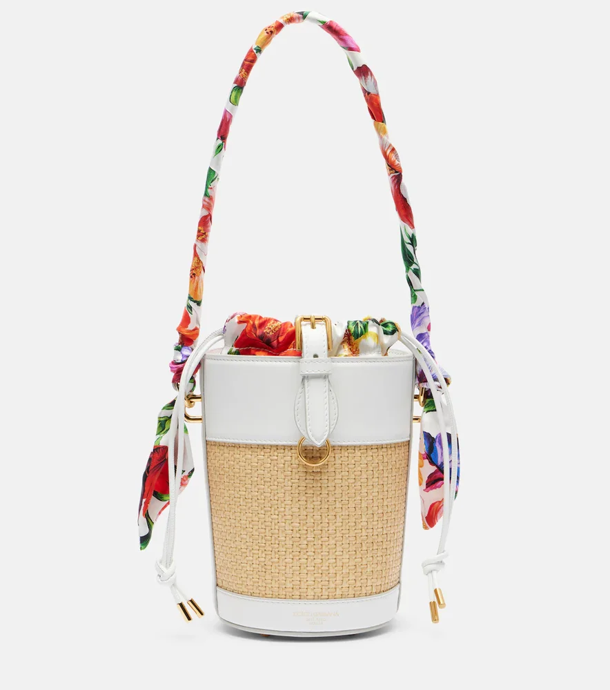 Leather-trimmed raffia bucket bag