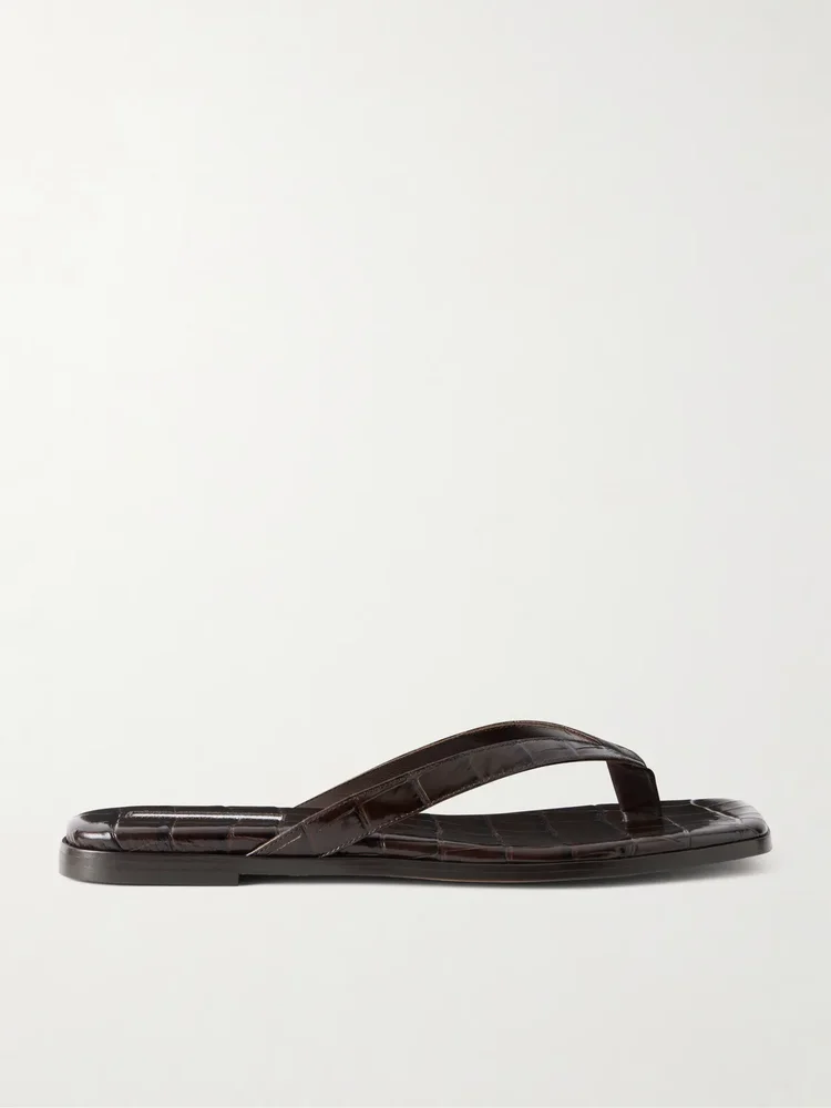 meta croc effect leather flip flops