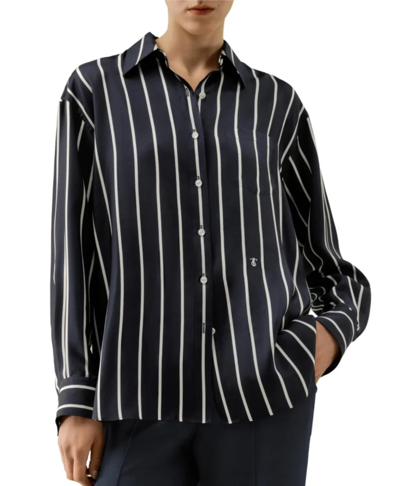 Women's Silk Twill Striped Button-Down Shirt