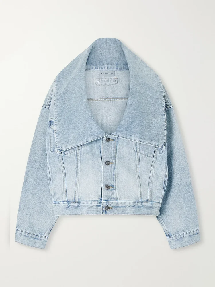 Oversized-collar cropped denim jacket