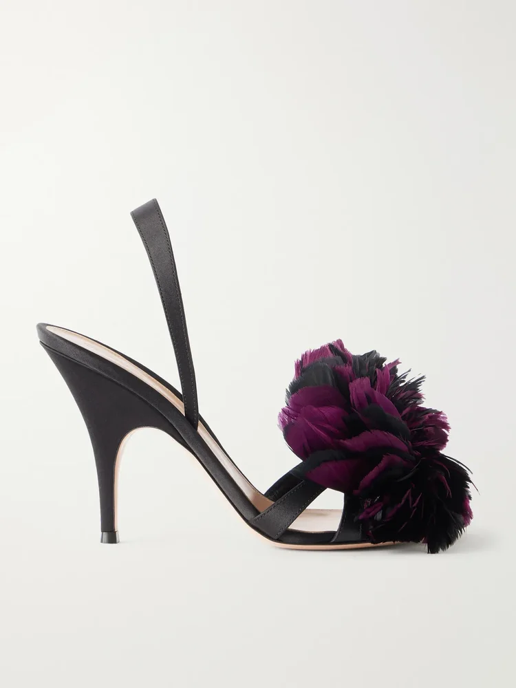 95 feather-embellished satin sandals