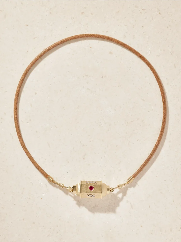 Love You Locket 18-karat yellow and white gold, ruby, diamond and leather necklace