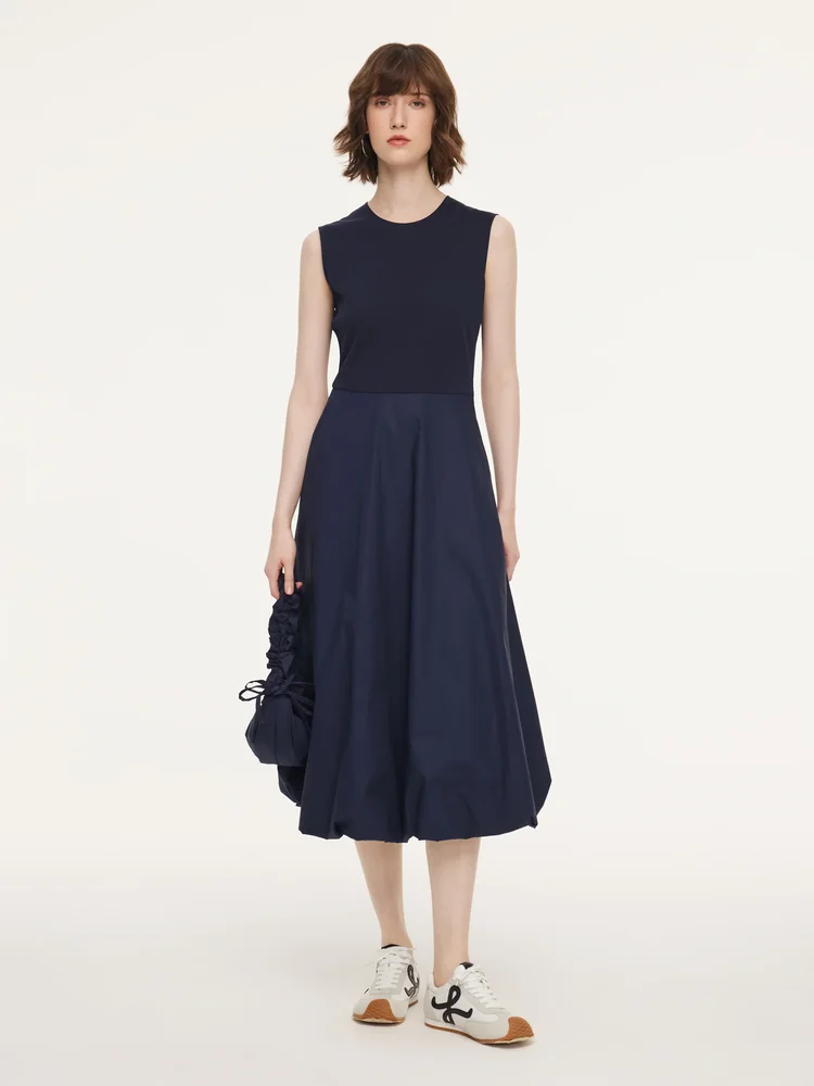 Dark Navy Bubble Hem Women Sleeveless Maxi Dress With Bag