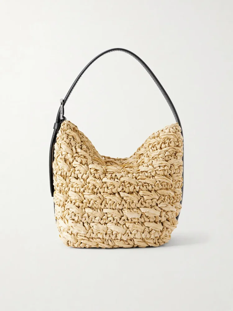 Belted small leather-trimmed raffia shoulder bag