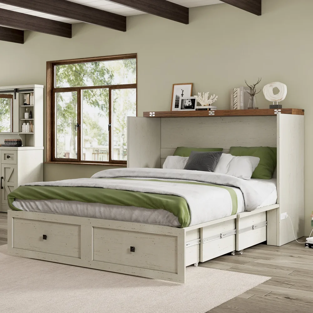 Wilkinson Farmhouse Queen Murphy Bed with Large Storage Drawer and Charging Station