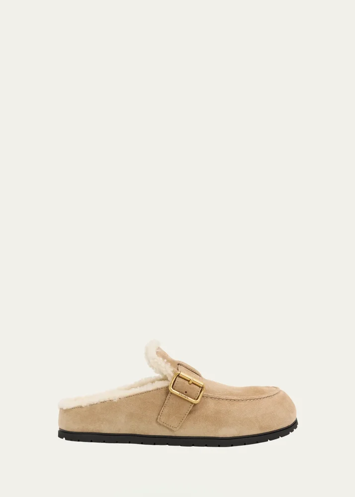Shearling-Lined Suede Buckle Clogs