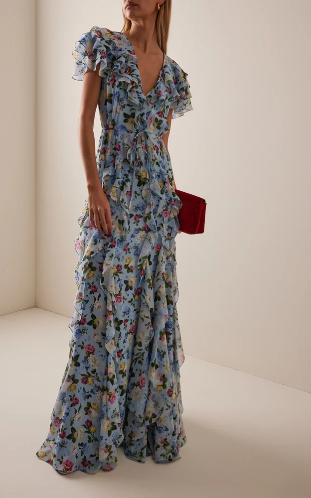Ruffled Garden Floral Silk-Chiffon Gown