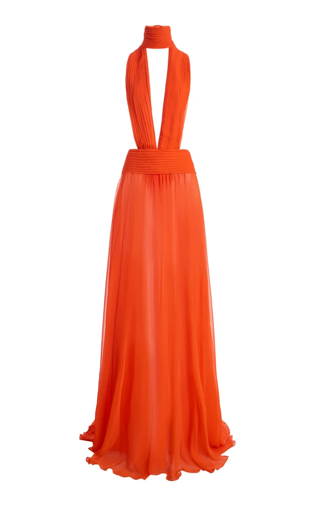 Halter Top Plunging Neckline Silk-Blend Maxi Dress