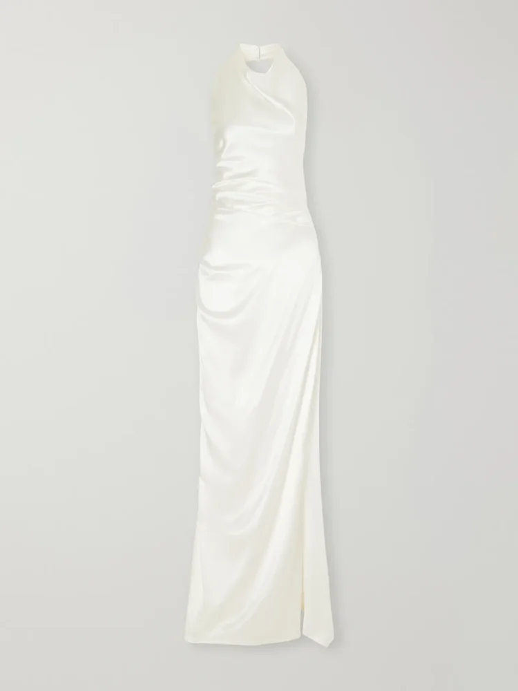 Elisa gathered silk-satin halterneck gown