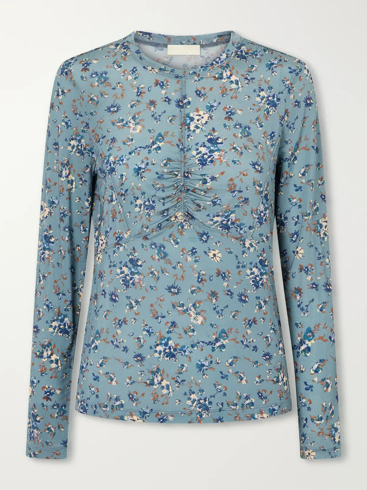 Gathered floral-print stretch-jersey blouse