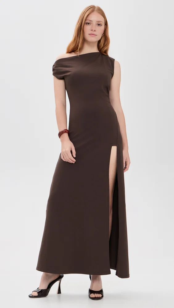 One Shoulder Gathered Slit Front Dress
