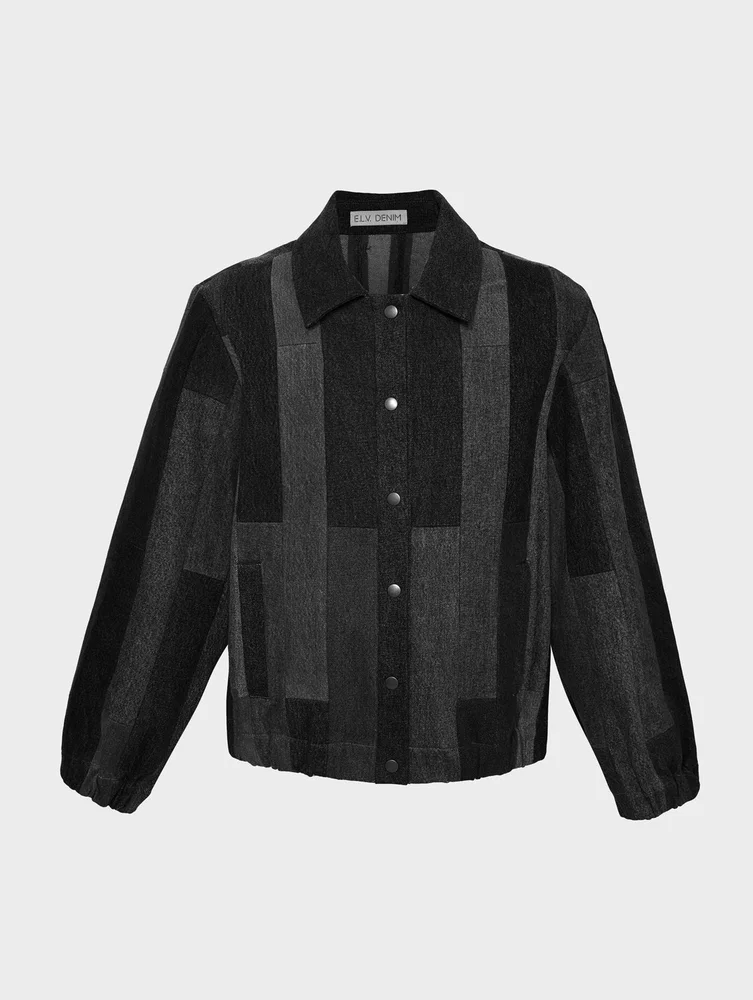 Kara Bomber Jacket Tessellated Denim Patchwork Black Grey