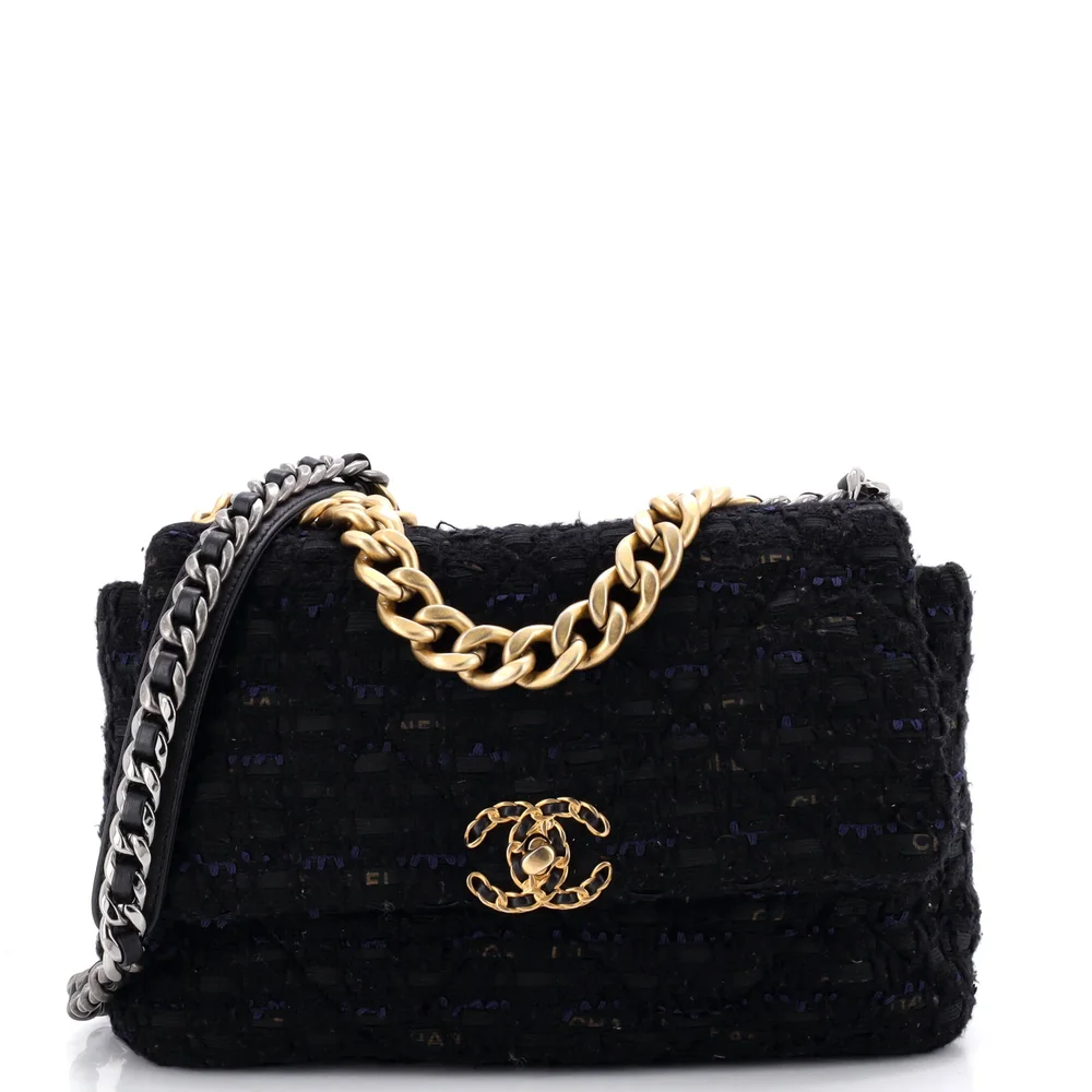 Pre-Owned Chanel 19 Flap Bag Quilted Tweed and Ribbon Large