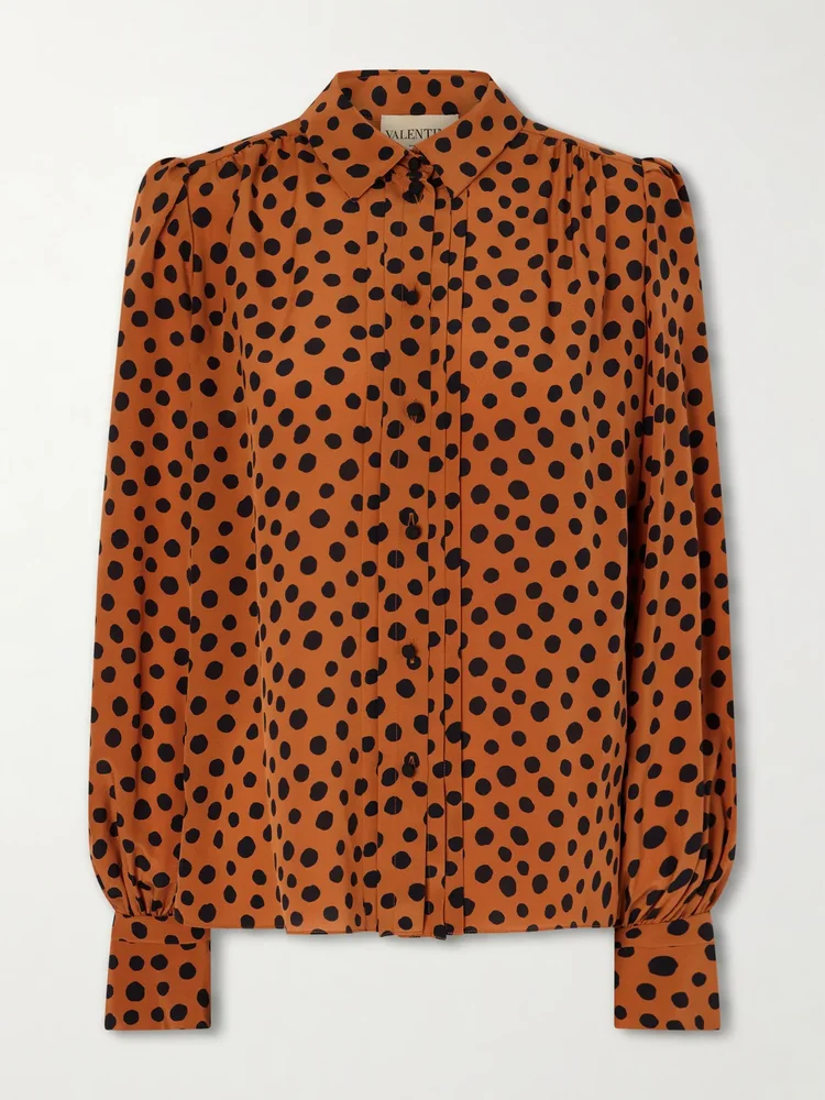 Gathered polka-dot silk crepe de chine shirt