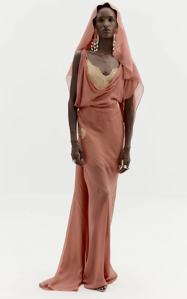 Celestite Low-Cowl Lace Maxi Dress