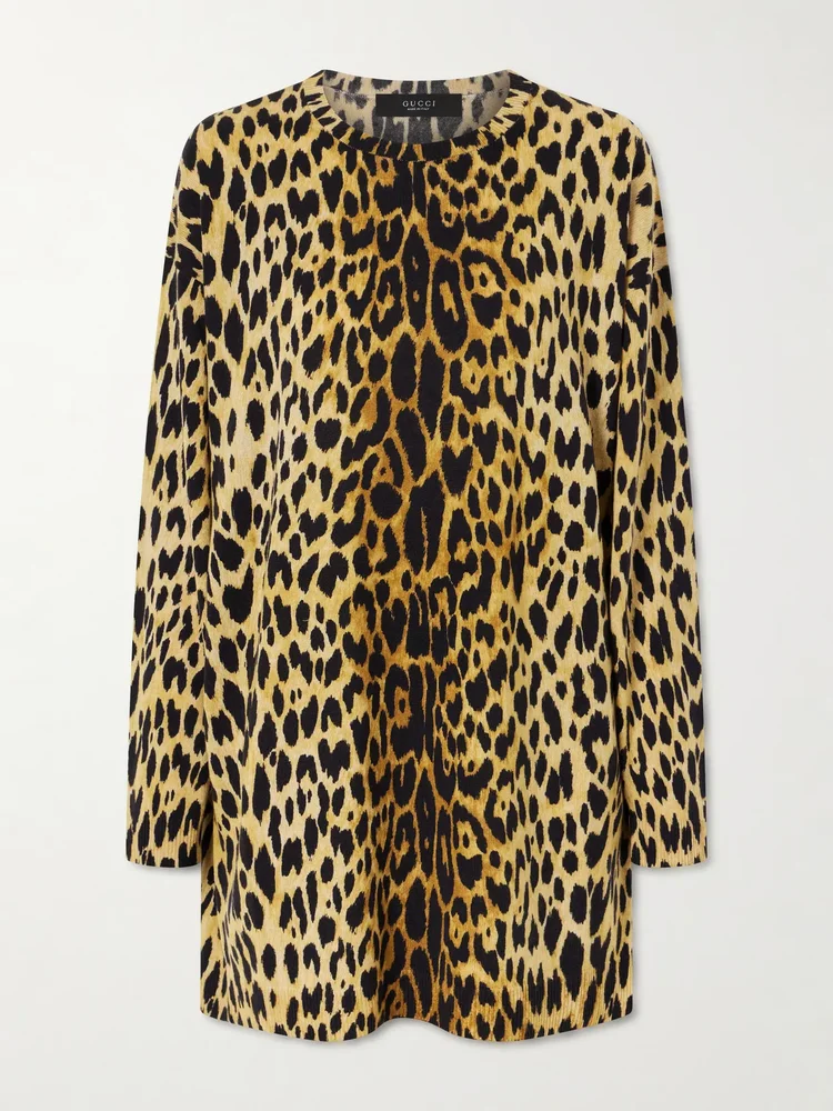 Leopard-print cashmere mini dress