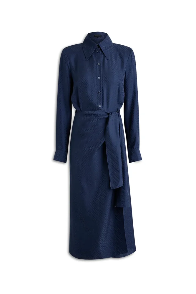 Silk Chain Jacquard Wrap Dress, Indaco Blue