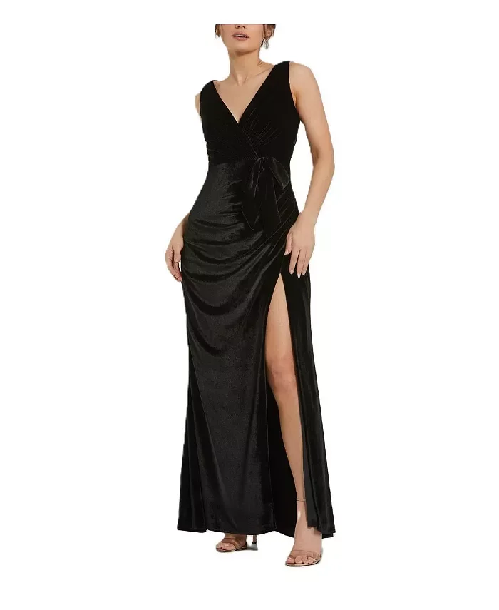 Deep V High Slit Draped Velvet Fitted Gown