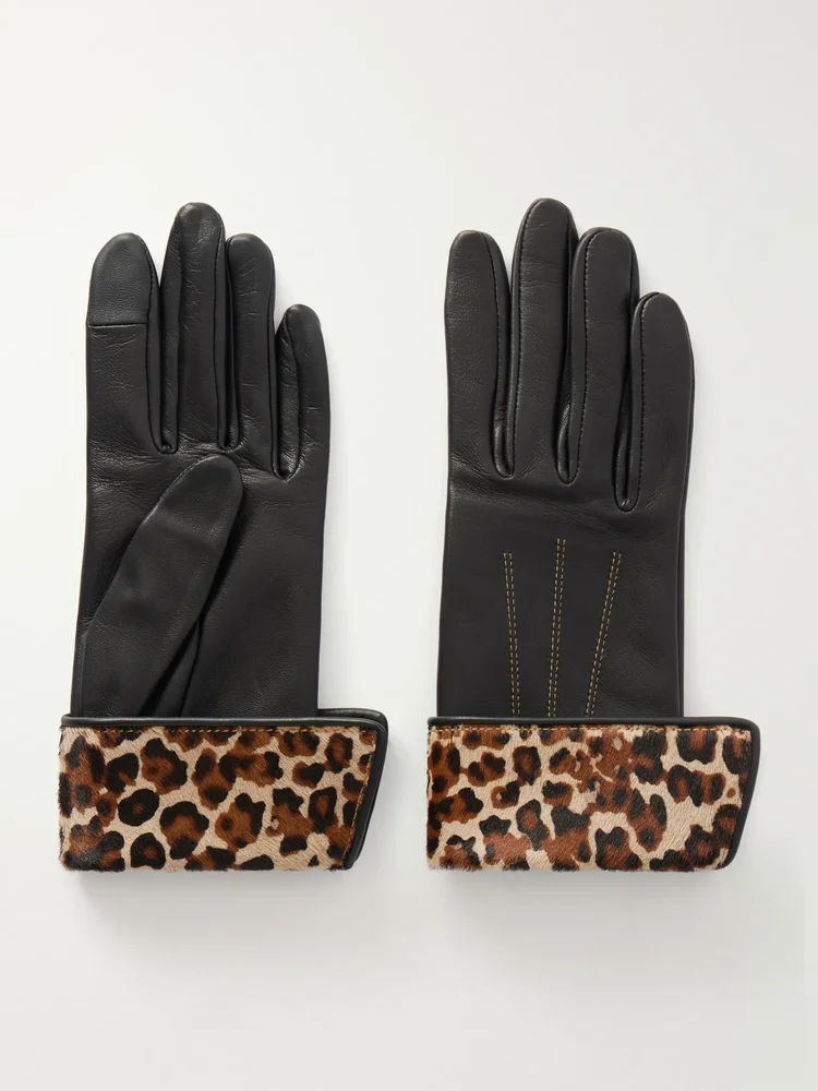 Fannycalf animal-print calf hair-trimmed leather gloves